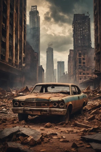 post apocalyptic,post-apocalyptic landscape,apocalyptic,abandoned car,destroyed city,post-apocalypse,pontiac tempest,luxury decay,old abandoned car,wasteland,pontiac grand prix,derelict,dodge charger,desolation,dodge dart,ford el falcon,scrapped car,apocalypse,detroit,dodge intrepid,Photography,General,Cinematic