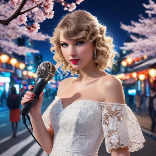 japanese sakura background,white rose snow queen,wax figures museum,bridal clothing,wax figures,wireless microphone,advertising campaigns,retro woman,wedding gown,silver wedding,jazz singer,roaring twenties,photo manipulation,realdoll,wedding dress,bridal accessory,blonde in wedding dress,hair accessory,white blossom,vintage woman,Photography,Fashion Photography,Fashion Photography 15
