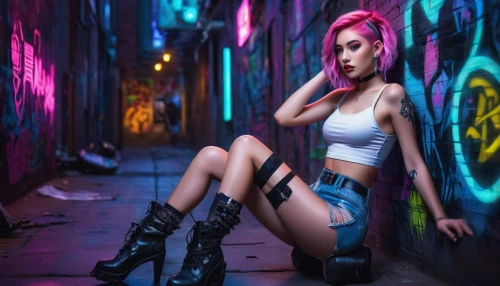 punk,cyberpunk,grunge,poison,harley quinn,pink hair,harley,neon light,alleyway,alley,femme fatale,toni,neon candies,neon,neon lights,girl in overalls,colorful background,roller skating,pink shoes,artistic roller skating,Conceptual Art,Fantasy,Fantasy 17