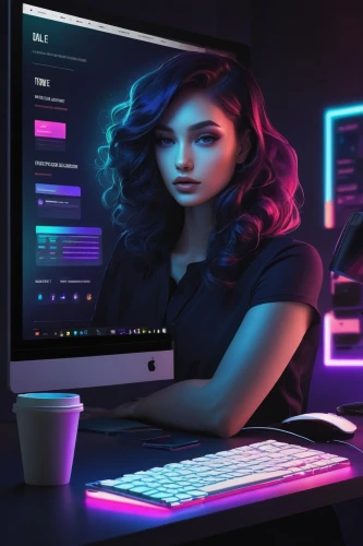 girl at the computer,blur office background,desktop computer,computer graphics,lures and buy new desktop,computer screen,computer art,desktop,women in technology,neon coffee,laptop screen,desktop view,desk top,computer monitor,the computer screen,pink vector,creative background,neon human resources,computer business,digital compositing,Illustration,Realistic Fantasy,Realistic Fantasy 15