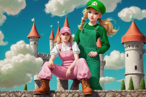 mario bros,super mario brothers,luigi,super mario,gnomes,elves,little boy and girl,game characters,mario,elf,scandia gnomes,girl and boy outdoor,mallow family,ganmodoki,fantasy picture,3d fantasy,trainers,duo,children's background,fairytale characters,Illustration,Black and White,Black and White 28