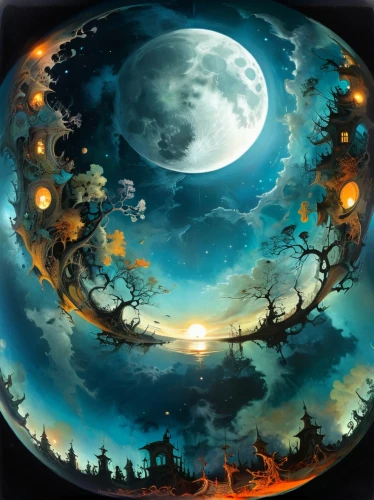 little planet,handpan,fantasy landscape,moon phase,moon and star background,terrestrial globe,fantasy picture,hot-air-balloon-valley-sky,fantasy art,round autumn frame,lunar phases,phase of the moon,planisphere,lunar landscape,halloween background,hanging moon,mushroom landscape,celestial bodies,the night of kupala,crystal ball,Illustration,Realistic Fantasy,Realistic Fantasy 16