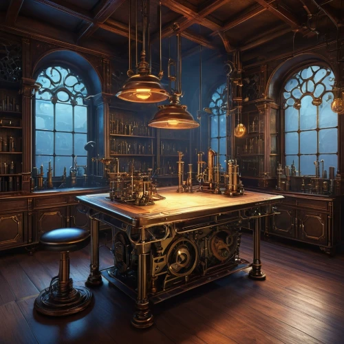 apothecary,dark cabinetry,writing desk,victorian kitchen,cabinetry,secretary desk,ornate room,candlemaker,study room,clockmaker,cabinets,dark cabinets,sideboard,chiffonier,wooden desk,kitchen table,watchmaker,consulting room,the kitchen,desk,Illustration,Black and White,Black and White 19