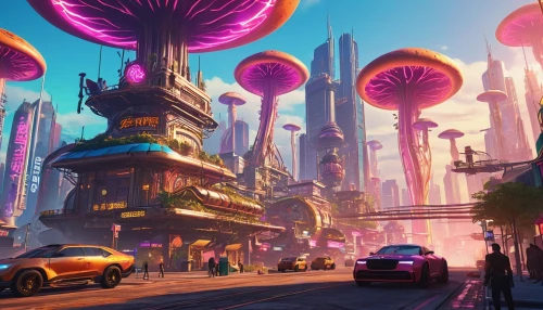 futuristic landscape,colorful city,fantasy city,futuristic,cyberpunk,scifi,futuristic architecture,harbour city,alien world,metropolis,sci - fi,sci-fi,concept art,alien planet,fantasy world,sci fi,hub,pink city,sci fiction illustration,gas planet,Illustration,Vector,Vector 19