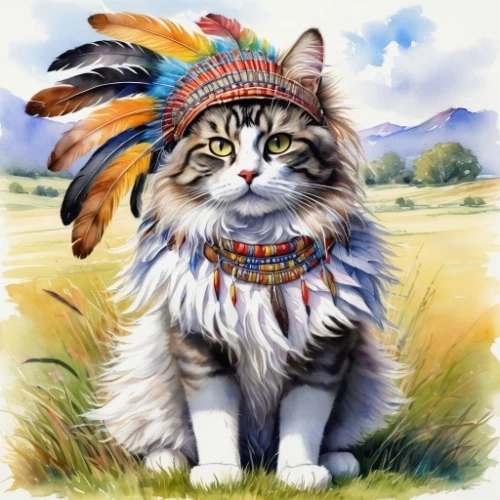 american bobtail,native american indian dog,war bonnet,indian headdress,feather headdress,cat sparrow,totem animal,native american,cat image,cat european,native,cat warrior,headdress,american indian,breed cat,aegean cat,shamanic,cherokee,tribal chief,chinese pastoral cat