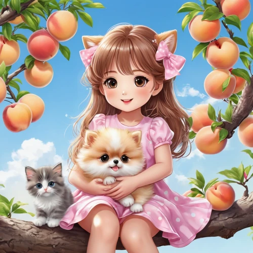 peach tree,apricot,apricots,peaches,children's background,peach color,girl picking apples,apple tree,tangerines,cute cartoon image,peach,cute cat,oranges,peach flower,mirabelle tree,apple harvest,picking apple,nectarines,apple trees,marmalade,Illustration,Japanese style,Japanese Style 01