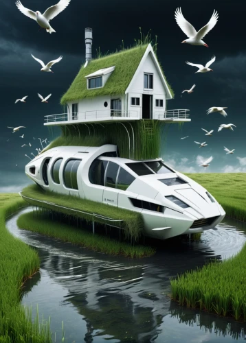houseboat,hovercraft,airboat,personal water craft,speedboat,watercraft,surface water sports,boat landscape,floating island,swan boat,artificial island,mobile home,flying boat,travel trailer poster,water boat,recreational vehicle,boat house,abandoned boat,water taxi,inverted cottage,Conceptual Art,Sci-Fi,Sci-Fi 09