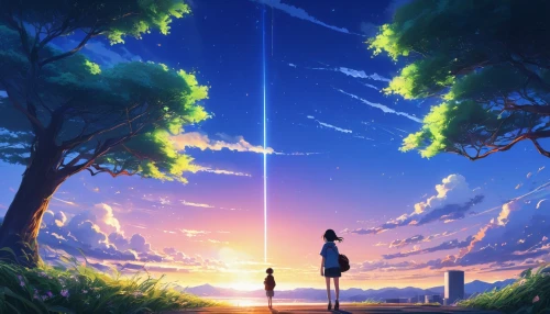 the horizon,horizon,violet evergarden,dream world,world end,sky,would a background,parallel world,summer sky,distant vision,summer background,starlight,summer evening,beyond,2d,moon and star,landscape background,star sky,falling star,bright sun,Illustration,American Style,American Style 01