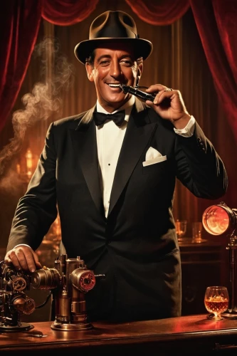 bartender,barman,al capone,maraschino,negroni,ringmaster,classic cocktail,black businessman,sazerac,prohibition,unique bar,cointreau,saranka,pipe smoking,las vegas entertainer,magician,liquor bar,gambler,mafia,absinthe,Illustration,Realistic Fantasy,Realistic Fantasy 13