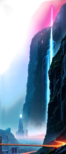 futuristic landscape,chasm,tower fall,fantasy landscape,sci fiction illustration,red cliff,ancient city,wasserfall,game illustration,backgrounds,concept art,beacon,gunkanjima,artificial island,neon arrows,world digital painting,landscape background,valerian,monolith,narrows,Illustration,Vector,Vector 12