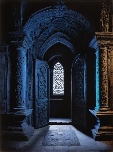 crypt,doorway,hall of the fallen,portal,cloister,sepulchre,blue doors,ranakpur,chamber,the threshold of the house,mausoleum,corridor,tombs,inside courtyard,front door,church door,hallway,mausoleum ruins,persian architecture,main door,Photography,Black and white photography,Black and White Photography 15