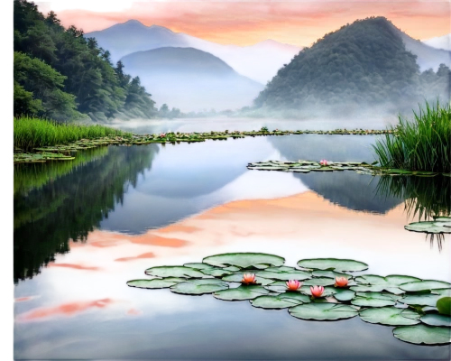 lotus on pond,lotus pond,lily pond,water lotus,water lilies,white water lilies,lily pads,sacred lotus,lotus flowers,water lily,waterlily,lily pad,landscape background,japan landscape,guizhou,calm water,south korea,lotuses,water lilly,water lily leaf,Conceptual Art,Oil color,Oil Color 03