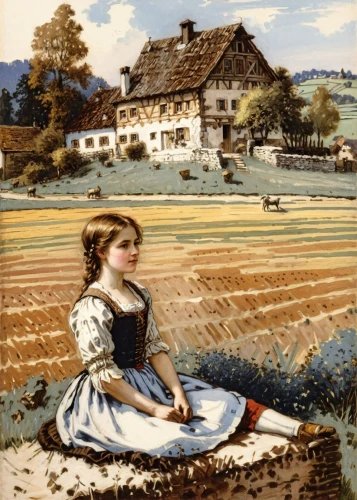 girl picking apples,girl in the garden,girl with bread-and-butter,woman holding pie,girl picking flowers,girl lying on the grass,woman with ice-cream,country dress,bavarian swabia,girl with cloth,girl with a wheel,woman at the well,girl in the kitchen,bavarian,farm landscape,girl with dog,village scene,münsterland,woman eating apple,bavaria