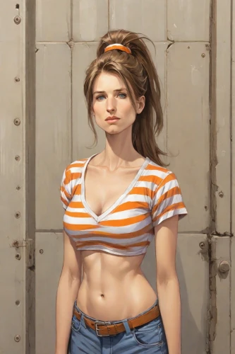 retro girl,crop top,abs,retro woman,girl in overalls,tracer,muscle woman,female model,jean button,orange,lis,cotton top,croft,clementine,symetra,mechanic,retro women,lori,ammo,navel,Digital Art,Comic