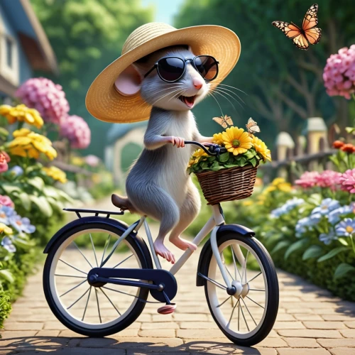 bunny on flower,jack russel,flower delivery,rat terrier,anthropomorphized animals,floral bike,biking,cute cartoon character,bicycle,bicycle riding,boston terrier,cycling,bicycle ride,toy fox terrier,flower animal,bicycling,whimsical animals,chihuahua,tour de france,corgi-chihuahua