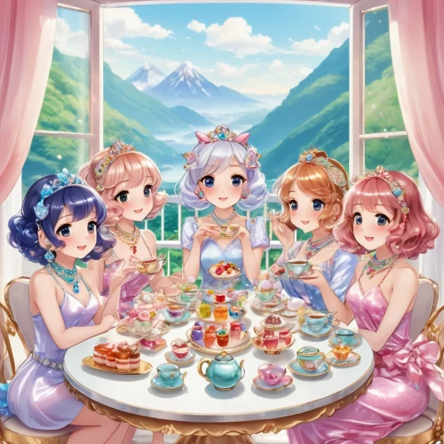 tea party,tea party collection,high tea,afternoon tea,tea service,doll kitchen,doll's festival,acerola family,sweet table,birthday banner background,desserts,fairy galaxy,thirteen desserts,cupcake background,cake buffet,dessert,gnomes at table,tea time,birthday party,sweet pastries,Illustration,Japanese style,Japanese Style 01