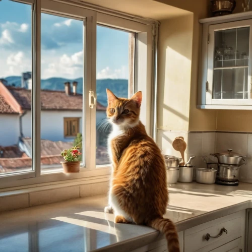 window cleaner,windowsill,window sill,domestic cat,kitchen counter,red tabby,window treatment,open window,pet vitamins & supplements,domestic long-haired cat,ginger cat,birdwatching,window curtain,window covering,countertop,cat european,girl in the kitchen,big kitchen,british longhair cat,tile kitchen,Photography,General,Realistic