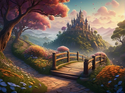 fantasy landscape,fantasy picture,landscape background,fairy world,cartoon video game background,autumn background,autumn landscape,mushroom landscape,world digital painting,japanese sakura background,children's background,fairy village,pathway,the mystical path,3d fantasy,fairy forest,forest path,fairytale forest,springtime background,fantasy world,Illustration,Realistic Fantasy,Realistic Fantasy 25