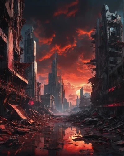 post-apocalyptic landscape,destroyed city,apocalyptic,post-apocalypse,post apocalyptic,end of the world,the end of the world,dystopian,city in flames,apocalypse,dystopia,doomsday,wasteland,desolation,scorched earth,black city,armageddon,fallout4,gunkanjima,burning earth,Conceptual Art,Fantasy,Fantasy 22