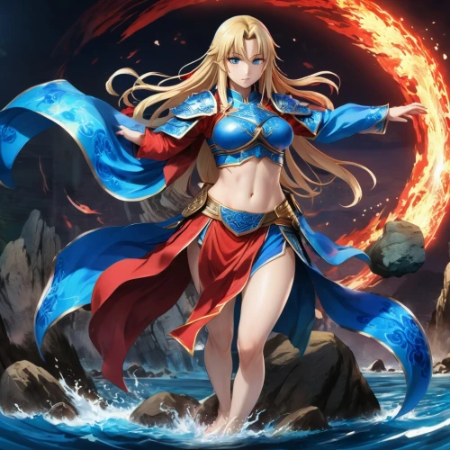 yang,nami,dragon li,elza,sanya,rusalka,monsoon banner,water-the sword lily,fire siren,fantasia,goddess of justice,god of the sea,nero claudius,alibaba,honolulu,fire lily,flame spirit,cg artwork,fire background,erika,Illustration,Japanese style,Japanese Style 03