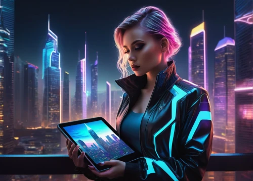 women in technology,neon human resources,cyberpunk,woman holding a smartphone,night administrator,girl at the computer,sci fiction illustration,futuristic,holding ipad,cyber,tech trends,blur office background,tablets consumer,technology of the future,electronic market,cg artwork,mobile tablet,powerglass,world digital painting,graphics tablet,Illustration,Realistic Fantasy,Realistic Fantasy 17