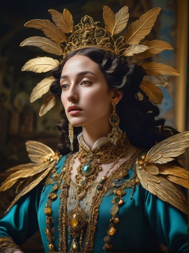 queen anne,cleopatra,laurel wreath,angelica,artemisia,gold crown,golden crown,cepora judith,yellow crown amazon,baroque angel,gold jewelry,fantasy portrait,golden wreath,the carnival of venice,mary-gold,headdress,catarina,queen of the night,venetia,regal,Art,Classical Oil Painting,Classical Oil Painting 26
