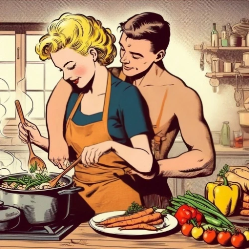 retro 1950's clip art,domestic,cooking book cover,domestic life,saut￩ pan,fondue,grainau,men chef,food and cooking,as a couple,home cooking,vintage illustration,dinner for two,cooks,cooking,hypersexuality,valentine's day clip art,cooking show,making food,cooking vegetables