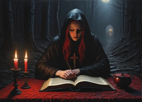 gothic portrait,gothic woman,divination,red riding hood,magic grimoire,dark art,candlemaker,little red riding hood,dark gothic mood,sorceress,prayer book,seven sorrows,mystical portrait of a girl,black candle,priestess,psychic vampire,spell,occult,fortune teller,gothic,Conceptual Art,Daily,Daily 30