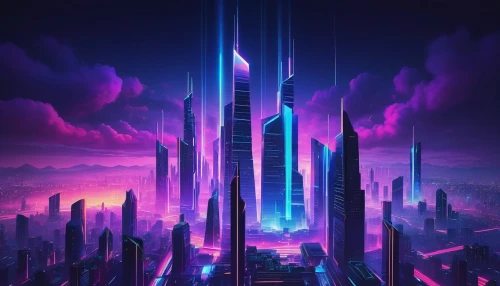 futuristic landscape,cyberpunk,fantasy city,metropolis,futuristic,vapor,skyscraper,cityscape,vast,the skyscraper,alien world,ultraviolet,skycraper,scifi,electric tower,sky city,skyscrapers,dystopian,cellular tower,dystopia,Illustration,Retro,Retro 04