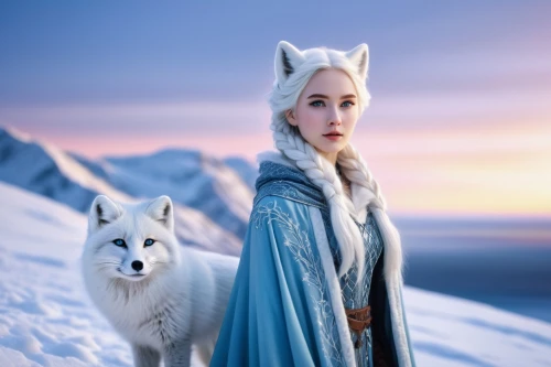the snow queen,white rose snow queen,suit of the snow maiden,white shepherd,eternal snow,ice queen,white walker,snow hare,winterblueher,fantasy picture,white dog,swath,glory of the snow,ice princess,two wolves,elsa,heroic fantasy,winter animals,bran,frozen,Illustration,Retro,Retro 04