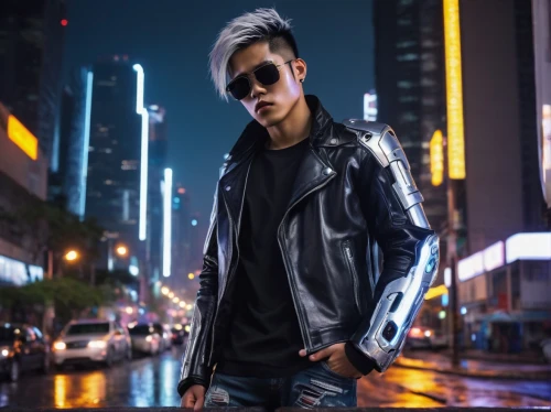 kai yang,hong kong,kai bei,leather jacket,black leather,leather,hong,yukio,dj,asian,asian vision,jacket,janome chow,hk,ten,fashion street,male model,t1,cyber glasses,terminator,Illustration,Retro,Retro 26