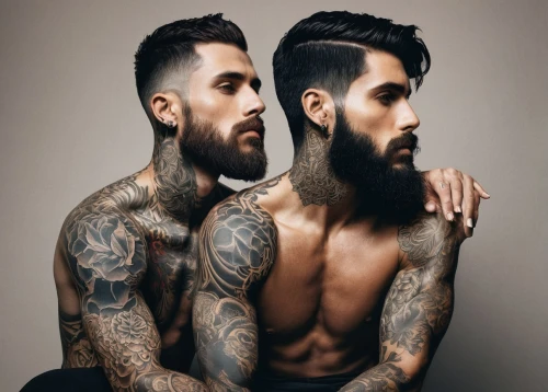 gay love,bearded,beard,man portraits,tattoos,male model,glbt,beard flower,pompadour,photo shoot for two,masculine,gay couple,man and boy,gay men,with tattoo,tattooed,capital cities,barber,portrait photographers,male poses for drawing,Illustration,Black and White,Black and White 27