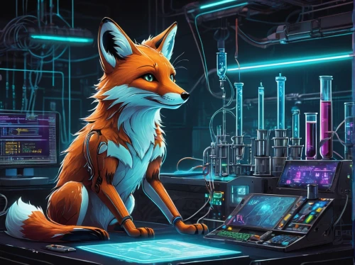 cyber,fox,cyberpunk,laboratory,transistor checking,kit fox,redfox,industry,sci fiction illustration,a fox,turbographx-16,cyberspace,cryptography,synthesizer,lab,garden-fox tail,industries,hardware programmer,coder,researcher,Unique,Design,Infographics