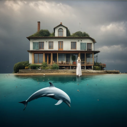 house of the sea,house with lake,house by the water,photo manipulation,the dolphin,house insurance,photoshop manipulation,photomanipulation,island suspended,lonely house,giant dolphin,conceptual photography,dolphins in water,inverted cottage,dolphinarium,fisherman's house,dolphins,dolphin background,florida home,photoshop creativity,Photography,General,Realistic