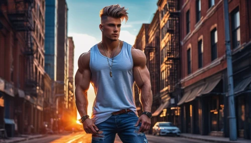 mohawk hairstyle,pompadour,male model,jeans background,mohawk,photoshop manipulation,a pedestrian,boy model,image manipulation,sleeveless shirt,street life,photo manipulation,city ​​portrait,pedestrian,blue-collar worker,male poses for drawing,standing man,construction worker,fashion street,digital compositing,Conceptual Art,Fantasy,Fantasy 14
