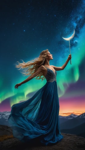 fantasy picture,celtic woman,auroras,northen light,aurora,northen lights,moon and star background,astronomy,fantasy art,light of night,violinist violinist of the moon,blue enchantress,aurora butterfly,blue moon rose,falling star,astral traveler,photo manipulation,norther lights,queen of the night,the night sky,Photography,General,Fantasy