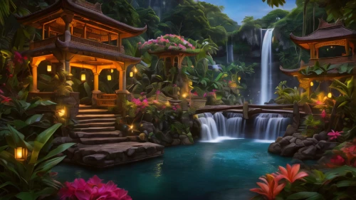 tropical jungle,tropical bloom,fairy village,fantasy landscape,tropical island,resort town,fantasy picture,landscape background,idyllic,wishing well,waterfalls,waterfall,underwater oasis,oasis,tropical house,vietnam,garden of eden,rainforest,a small waterfall,home landscape,Photography,General,Natural