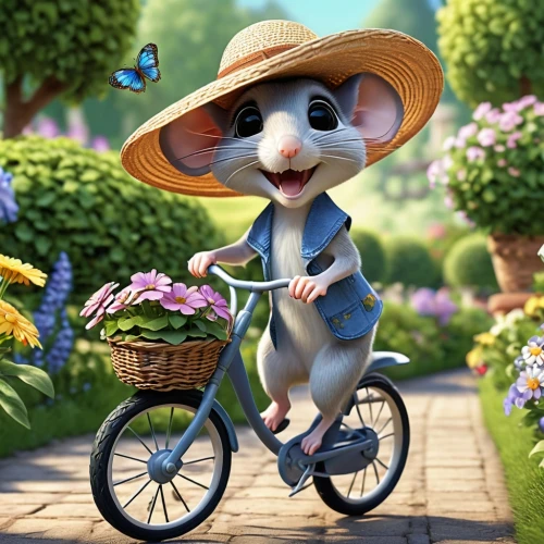 cute cartoon character,flower delivery,flowers in wheel barrel,ratatouille,bunny on flower,peter rabbit,flowers in basket,cartoon flowers,cute cartoon image,tour de france,picking flowers,madagascar,spring background,tricycle,anthropomorphized animals,biking,bicycle,springtime background,flower animal,bicycle riding