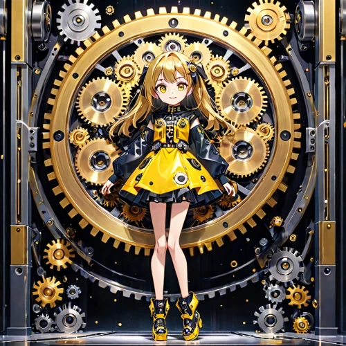 clockmaker,steampunk gears,steampunk,clockwork,cogs,tsumugi kotobuki k-on,watchmaker,cog,gears,grandfather clock,golden wreath,astronomical clock,umiuchiwa,mechanical,clock,electric arc,yellow machinery,celestial chrysanthemum,yellow and black,heart lock,Anime,Anime,Traditional