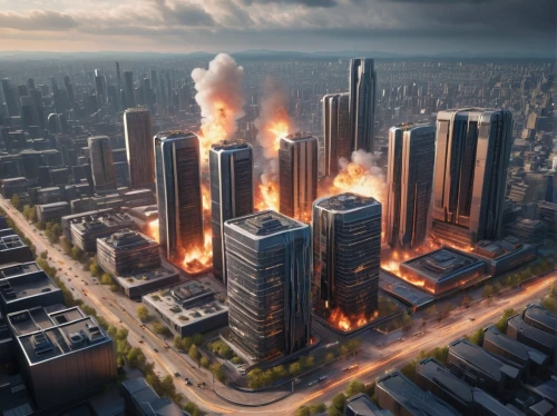 tianjin,city in flames,3d rendering,dystopian,destroyed city,apocalyptic,urban towers,wuhan''s virus,urban development,skyscapers,detroit,high-rises,environmental destruction,skyscrapers,urbanization,high rises,post-apocalypse,digital compositing,tallest hotel dubai,tall buildings,Photography,General,Sci-Fi
