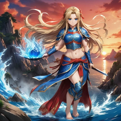 water-the sword lily,monsoon banner,elza,nami,goddess of justice,blue enchantress,female warrior,wind warrior,celtic queen,fantasy woman,show off aurora,alibaba,rusalka,cg artwork,dragon li,background images,meteora,ocean background,ashitaba,heroic fantasy,Illustration,Japanese style,Japanese Style 03