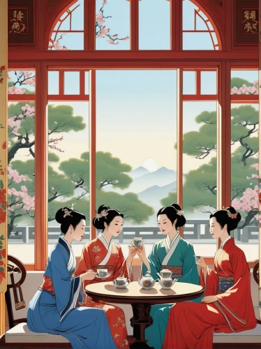 tea ceremony,women at cafe,oriental painting,korean royal court cuisine,tea service,japanese tea,chinese art,korean culture,junshan yinzhen,coffee tea illustration,maojian tea,hanbok,sayama tea,afternoon tea,anhui cuisine,dongfang meiren,chinese tea,tea garden,japanese art,china tea,Illustration,Vector,Vector 04