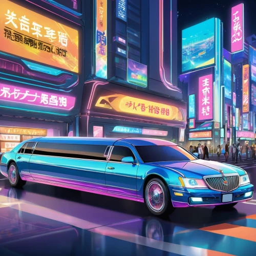 tokyo city,tokyo,retro car,80's design,80s,cadillac eldorado,cyberpunk,futuristic,tokyo ¡¡,retro diner,mazda rx-7,osaka,retro automobile,shinjuku,futuristic car,3d car wallpaper,jaguar xj220,retro vehicle,oldsmobile toronado,stretch limousine,Illustration,Japanese style,Japanese Style 03