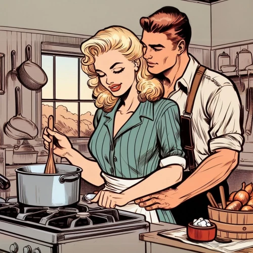 domestic,retro 1950's clip art,washing dishes,stove top,housewife,domestic life,cooks,cooking,fondue,dishes,vintage kitchen,vintage man and woman,as a couple,roaring twenties couple,southern cooking,50's style,chores,wash the dishes,vintage illustration,making food