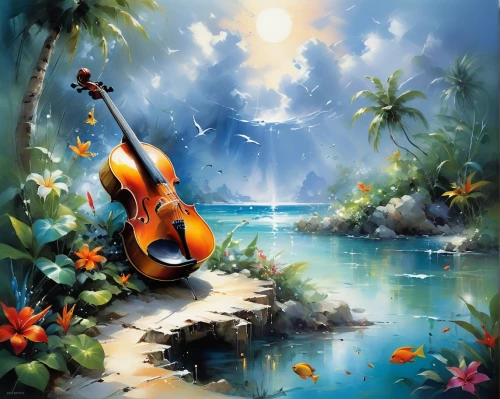 musical background,sea landscape,tropical sea,landscape background,ocean paradise,beach landscape,coastal landscape,viol,musical ensemble,music notes,serenade,seascape,tropical house,music,sea-shore,music background,symphony,cello,art painting,watercolor background,Conceptual Art,Oil color,Oil Color 03