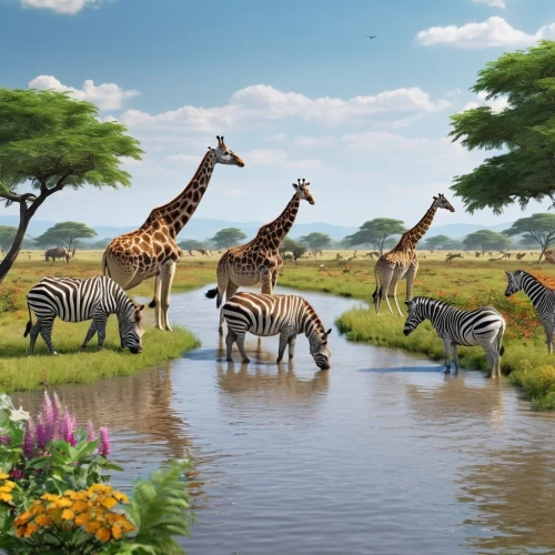 watering hole,giraffes,giraffidae,tropical animals,serengeti,wild animals crossing,animal world,animal migration,safari,wildlife reserve,whimsical animals,world digital painting,water hole,forest animals,animals hunting,deep zoo,zebra crossing,scandia animals,etosha,africa,Photography,General,Realistic