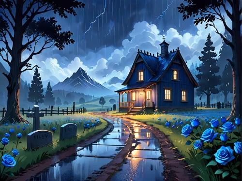lonely house,home landscape,blue rain,fantasy landscape,landscape background,fantasy picture,little house,house in the forest,cottage,summer cottage,house in mountains,witch's house,night scene,house with lake,house in the mountains,houses clipart,small house,beautiful home,blue painting,rainstorm,Anime,Anime,Cartoon