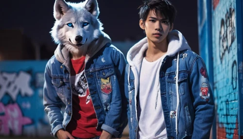 two wolves,wolves,wolf,wolf couple,anime japanese clothing,denim jacket,howl,wolf pack,sakhalin husky,street dogs,denim background,kitsune,huskies,jean jacket,werewolf,korean drama,werewolves,kunming wolfdog,stray dogs,wolfdog,Conceptual Art,Daily,Daily 04