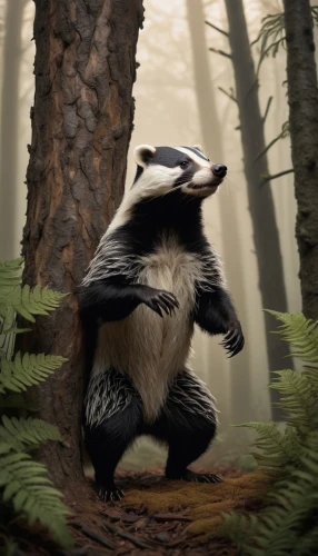 badger,mustelid,striped skunk,north american raccoon,reconstruction,mustelidae,pandabear,philomachus pugnax,colobus,anthropomorphized animals,paraxerus,sifaka,skunk,coatimundi,giant panda,raccoon,panda,polecat,digital compositing,bamboo,Illustration,Black and White,Black and White 24