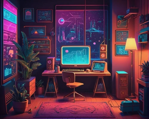 computer room,computer desk,computer,cyberpunk,retro styled,study room,computer art,desk,aesthetic,playing room,computer addiction,game room,retro background,computer workstation,80's design,computer game,80s,desktop computer,modern office,working space,Unique,3D,Isometric
